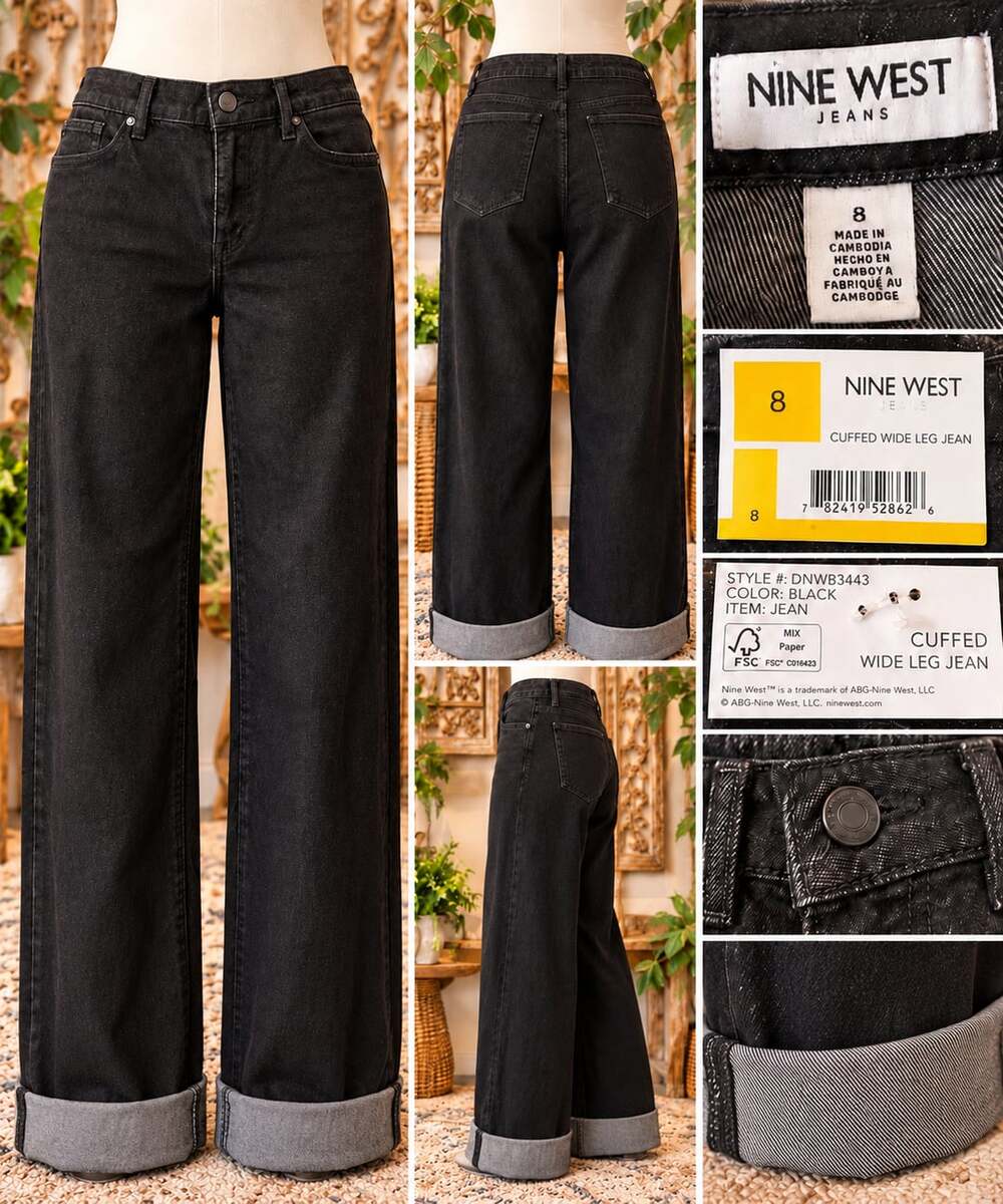 Nine West Cuffed Wide Leg Jean Size 8 Black Denim New With Tags